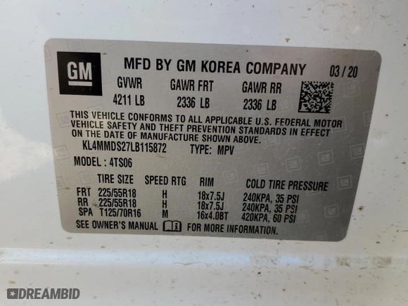 2020 Buick Encore GX Select with VIN KL4MMDS27LB115872, listed as a Copart auction lot 43366635 with 59,095 mi miles and Salvage Title. Bid and sale history available at carsss.com. Image 14.