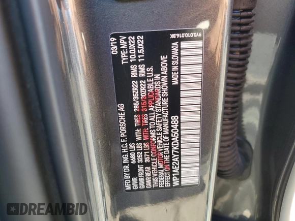 2019 Porsche Cayenne E-Hybrid with VIN WP1AE2AY7KDA50488, listed as a Copart auction lot 62614494 with 48,366 mi miles and Salvage title. Bid and sale history available at DreamBid. Image 13.