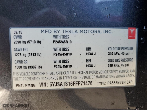 2015 Tesla Model S 85 kWh Battery with VIN 5YJSA1S16FFP71476, listed as a Copart auction lot 42560875 with 71,470 mi miles and Salvage Title. Bid and sale history available at carsss.com. Image 12.