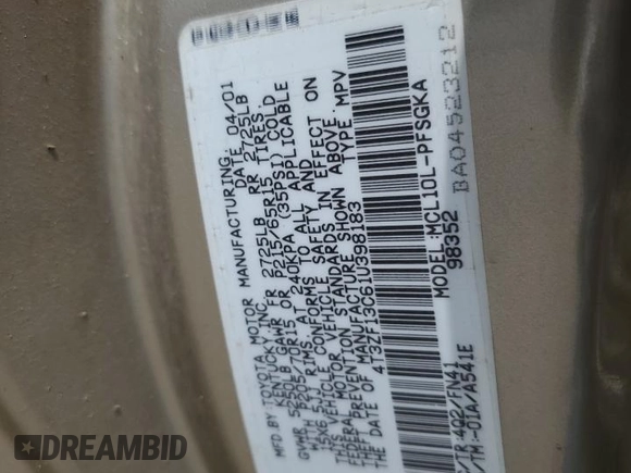2001 Toyota Sienna LE с VIN 4T3ZF13C61U398183, выставлен на аукционе Copart как лот 56903725 с пробегом 149 676 миль миль и Чистый • Clean title. История ставок и продаж доступна на DreamBid. Изображение 12.