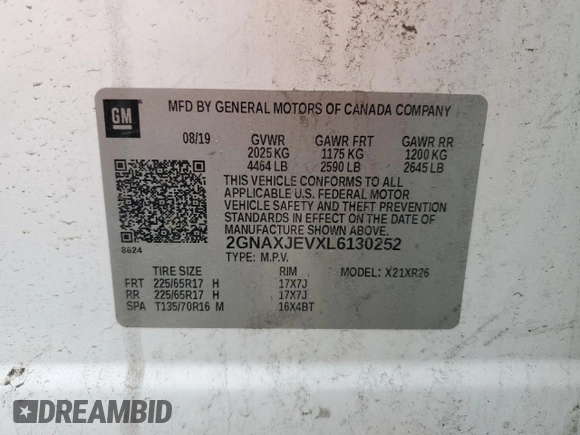 2020 Chevrolet Equinox LT z VIN 2GNAXJEVXL6130252, wystawiony jako Copart lot #52528455 z przebiegiem 298 711 mil mil oraz Szkoda całkowita • Salvage title. Historia ofert i sprzedaży dostępna na DreamBid. Obrazek 13.