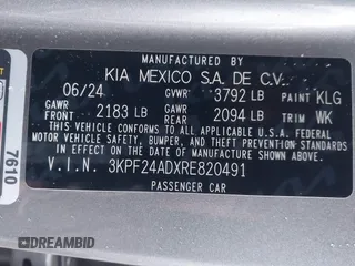 2024 Kia Forte LXS with VIN 3KPF24ADXRE820491, listed as a IAAI auction lot 41526871 with 5,675 mi miles and . Bid and sale history available at DreamBid. Image 9.