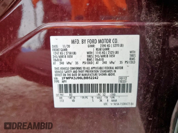 2020 Ford Edge SEL with VIN 2FMPK3J96LBB52242, listed as a Copart auction lot 60804145 with 42,287 mi miles and Salvage title. Bid and sale history available at DreamBid. Image 14.