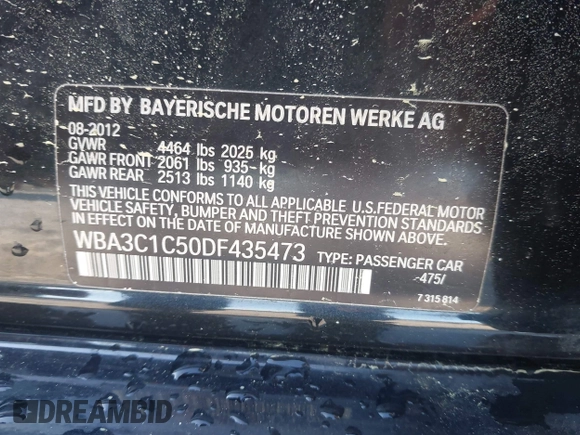 2013 BMW 3 Series 328i with VIN WBA3C1C50DF435473, listed as a IAAI auction lot 41981570 with 135,227 mi miles. Bid and sale history available at carsss.com. Image 9.