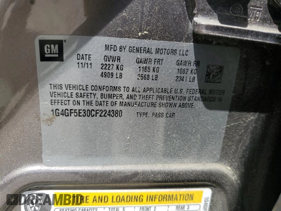 2012 Buick LaCrosse Premium 2 with VIN 1G4GF5E30CF224380, listed as a Copart auction lot 57233305 with 131,163 mi miles and Salvage title. Bid and sale history available at DreamBid. Image 12.