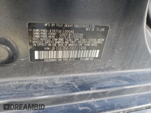 2009 Subaru WRX w/Premium Pkg with VIN JF1GE76639G511488, listed as a Copart auction lot 41880515 with 181,890 mi miles and Salvage title. Bid and sale history available at DreamBid. Image 12.