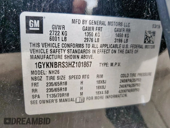 2017 Cadillac XT5 Luxury FWD with VIN 1GYKNBRS3HZ101867, listed as a Copart auction lot 60923215 with 130,209 mi miles and Salvage title. Bid and sale history available at DreamBid. Image 14.