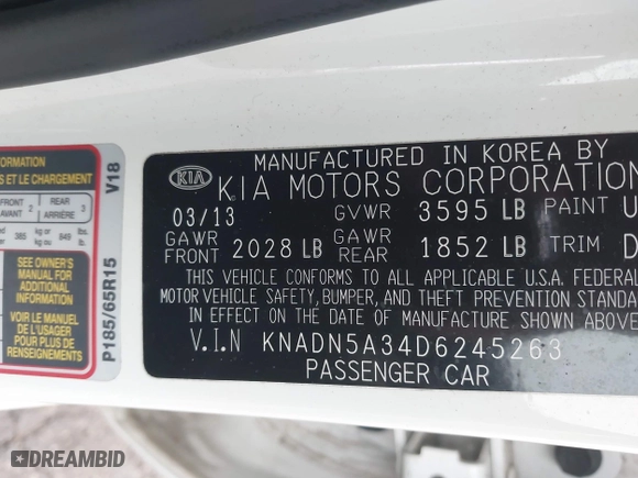 2013 Kia Rio SX with VIN KNADN5A34D6245263, listed as a IAAI auction lot 41976166 with 101,438 mi miles. Bid and sale history available at carsss.com. Image 9.