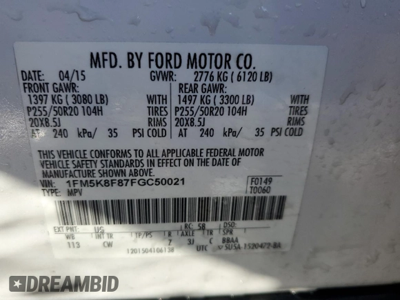 2015 Ford Explorer Limited with VIN 1FM5K8F87FGC50021, listed as a Copart auction lot 87771365 with 181,436 mi miles and Salvage Title. Bid and sale history available at DreamBid. Image 13.