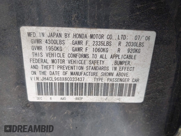 2006 Acura TSX with VIN JH4CL968X6C033437, listed as a IAAI auction lot 42160725 with 168,429 mi miles. Bid and sale history available at carsss.com. Image 9.