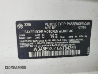 2016 BMW 3 Series 328i with VIN WBA8E9G51GNT84259, listed as a Copart auction lot 52501875 with 69,729 mi miles and Salvage title. Bid and sale history available at DreamBid. Image 14.