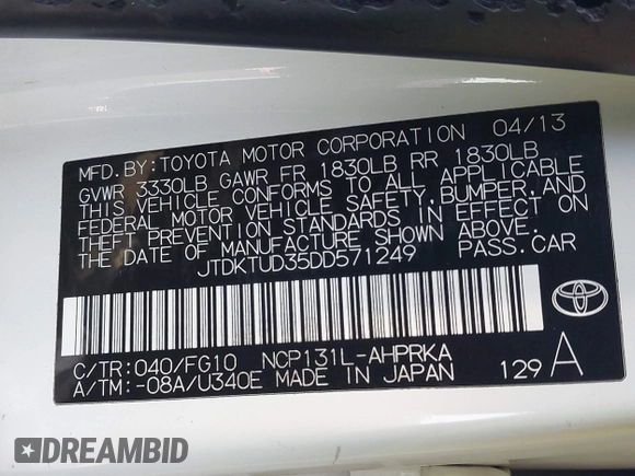 2013 Toyota Yaris L with VIN JTDKTUD35DD571249, listed as a IAAI auction lot 41589605 with Not Provided miles. Bid and sale history available at carsss.com. Image 9.