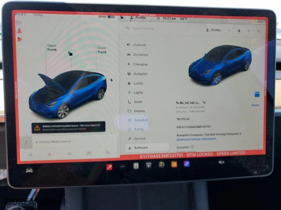 2021 Tesla Model Y Long Range with VIN 5YJYGAEE3MF231751, listed as a Copart auction lot 46415105 with 78,172 mi miles and Salvage Title. Bid and sale history available at carsss.com. Image 9.