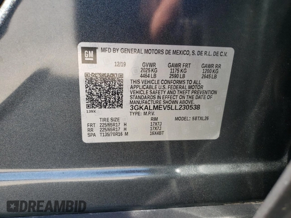 2020 GMC Terrain SLE with VIN 3GKALMEV5LL230538, listed as a Copart auction lot 49342685 with 60,078 mi miles and Salvage Title. Bid and sale history available at carsss.com. Image 13.