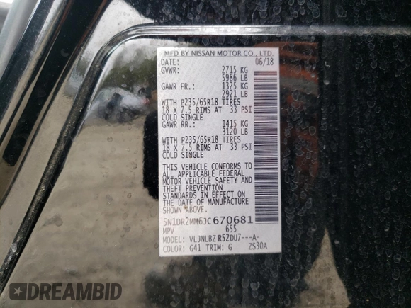 2018 Nissan Pathfinder S z VIN 5N1DR2MM6JC670681, wystawiony jako Copart lot #51574205 z przebiegiem 84 044 mil mil oraz Szkoda całkowita • Salvage title. Historia ofert i sprzedaży dostępna na DreamBid. Obrazek 15.