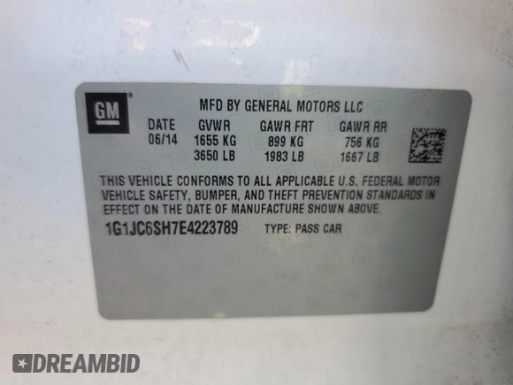 2014 Chevrolet Sonic LT with VIN 1G1JC6SH7E4223789, listed as a Copart auction lot 49537395 with 76,856 mi miles and Salvage Title. Bid and sale history available at carsss.com. Image 14.