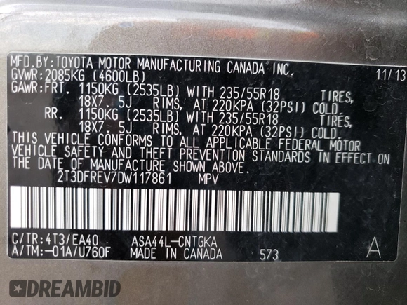 2013 Toyota RAV4 Limited with VIN 2T3DFREV7DW117861, listed as a Copart auction lot 50745845 with 99,714 mi miles and Salvage Title. Bid and sale history available at DreamBid. Image 13.