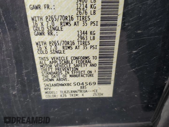2011 Nissan Xterra S z VIN 5N1AN0NWXBC504569, wystawiony jako Copart lot #57297355 z przebiegiem 151 680 mil mil oraz Szkoda całkowita • Salvage title. Historia ofert i sprzedaży dostępna na DreamBid. Obrazek 13.