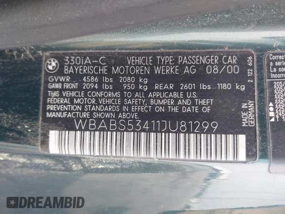 2001 BMW 3 Series 330Ci with VIN WBABS53411JU81299, listed as a IAAI auction lot 42062965 with 202,850 mi miles and . Bid and sale history available at DreamBid. Image 9.