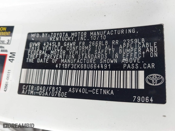 2011 Toyota Camry LE with VIN 4T1BF3EK6BU664491, listed as a IAAI auction lot 42080450 with 247,442 mi miles. Bid and sale history available at carsss.com. Image 9.