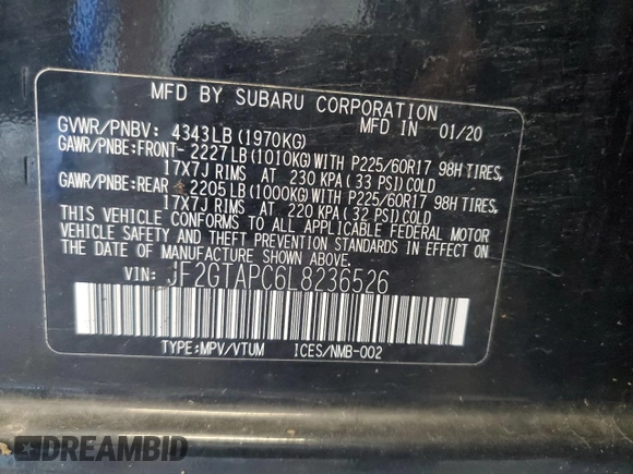 2020 Subaru Crosstrek Premium with VIN JF2GTAPC6L8236526, listed as a Copart auction lot 62331695 with Not provided miles and Salvage title. Bid and sale history available at DreamBid. Image 12.