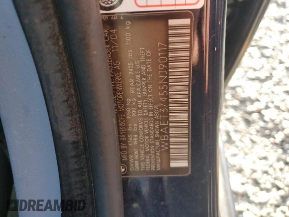 2005 BMW 3 Series 325i with VIN WBAET37455NJ90117, listed as a Copart auction lot 73879614 with 129,515 mi miles and Salvage Title. Bid and sale history available at DreamBid. Image 13.