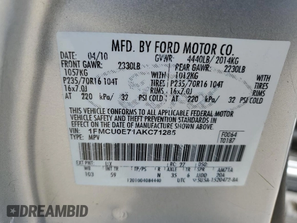 2010 Ford Escape Limited with VIN 1FMCU0E71AKC71285, listed as a Copart auction lot 61344164 with 163,471 mi miles and Salvage title. Bid and sale history available at DreamBid. Image 13.