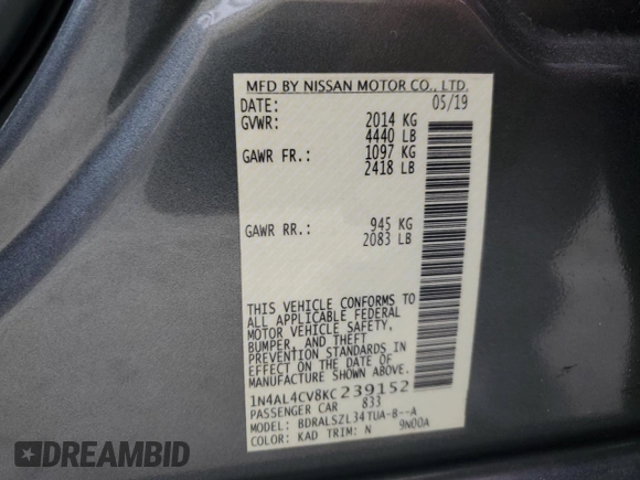 2019 Nissan Altima SR with VIN 1N4AL4CV8KC239152, listed as a Copart auction lot 76362054 with 98,575 mi miles and Non Repairable. Bid and sale history available at carsss.com. Image 13.