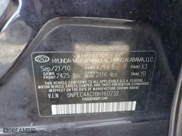 2011 Hyundai Sonata Ltd with VIN 5NPEC4AC1BH160732, listed as a Copart auction lot 45328645 with 208,153 mi miles and Salvage Title. Bid and sale history available at carsss.com. Image 13.