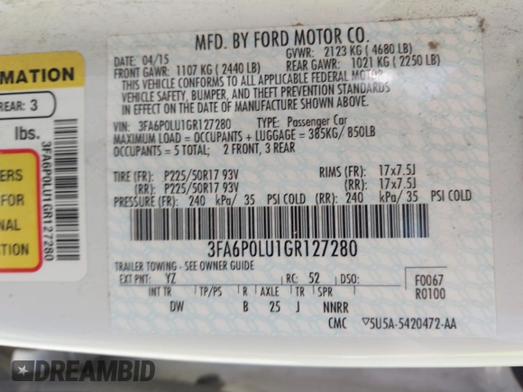 2016 Ford Fusion SE Hybrid with VIN 3FA6P0LU1GR127280, listed as a IAAI auction lot 41754682 with 194,357 mi miles. Bid and sale history available at carsss.com. Image 9.
