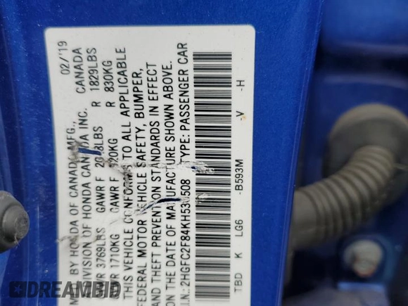 2019 Honda Civic Sedan Sport with VIN 2HGFC2F84KH536508, listed as a Copart auction lot 49632985 with 41,012 mi miles and Salvage Title. Bid and sale history available at carsss.com. Image 14.