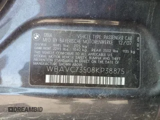 2008 BMW 3 Series 328xi with VIN WBAVC73508KP38875, listed as a Copart auction lot 51385494 with 119,266 mi miles and Salvage Title. Bid and sale history available at carsss.com. Image 12.