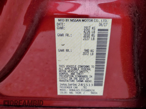2017 Nissan Altima SV with VIN 1N4AL3AP3HC285513, listed as a Copart auction lot 41619495 with 52,279 mi miles and Salvage title. Bid and sale history available at DreamBid. Image 12.