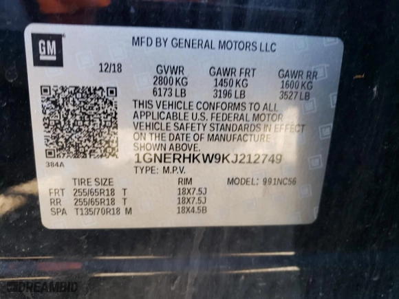 2019 Chevrolet Traverse LT Leather with VIN 1GNERHKW9KJ212749, listed as a Copart auction lot 59981924 with 108,688 mi miles and Salvage Title. Bid and sale history available at carsss.com. Image 13.