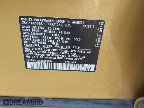 2018 Volkswagen Atlas S z VIN 1V2AR2CAXJC525334, wystawiony jako IAAI lot #42247997 z przebiegiem 268 647 mil mil oraz . Historia ofert i sprzedaży dostępna na DreamBid. Obrazek 9.