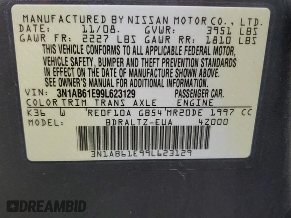 2009 Nissan Sentra SR FE+ with VIN 3N1AB61E99L623129, listed as a Copart auction lot 86738444 with 142,961 mi miles and Salvage title. Bid and sale history available at DreamBid. Image 12.