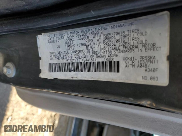 2004 Toyota Tundra SR5 with VIN 5TBDT44114S441571, listed as a Copart auction lot 44653845 with 257,879 mi miles and Salvage Title. Bid and sale history available at DreamBid. Image 12.