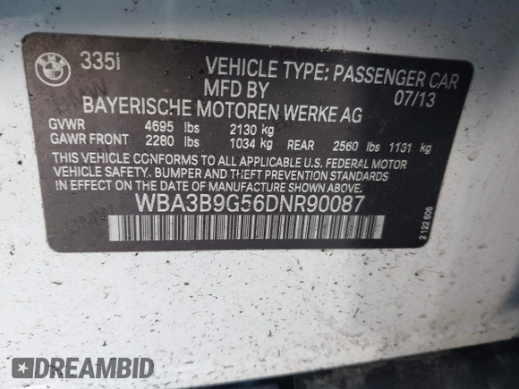 2013 BMW 3 Series 335i xDrive with VIN WBA3B9G56DNR90087, listed as a IAAI auction lot 41674929 with 26,001 mi miles and . Bid and sale history available at DreamBid. Image 9.