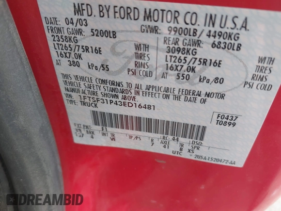 2003 Ford F-350 with VIN 1FTSF31P43ED16481, listed as a IAAI auction lot 41540850 with 232,601 mi miles and . Bid and sale history available at DreamBid. Image 9.