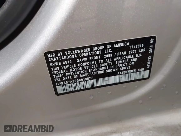 2016 Volkswagen Passat S z VIN 1VWAS7A30GC013577, wystawiony jako IAAI lot #42231654 z przebiegiem 84 918 mil mil oraz . Historia ofert i sprzedaży dostępna na DreamBid. Obrazek 9.