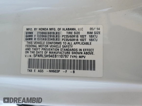 2014 Honda Odyssey Touring с VIN 5FNRL5H94EB110797, выставлен на аукционе Copart как лот 60702365 с пробегом 106 131 миль миль и Списание • Salvage title. История ставок и продаж доступна на DreamBid. Изображение 13.