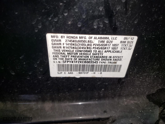 2012 Honda Ridgeline RT with VIN 5FPYK1F2XCB003545, listed as a Copart auction lot 41908095 with 96,642 mi miles and Salvage Title. Bid and sale history available at carsss.com. Image 12.