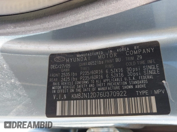 2006 Hyundai Tucson GLS with VIN KM8JN12D76U370922, listed as a IAAI auction lot 41800574 with 133,247 mi miles. Bid and sale history available at carsss.com. Image 9.