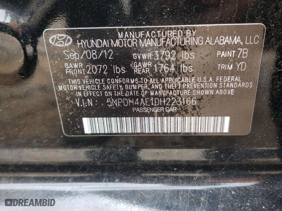 2013 Hyundai Elantra GLS with VIN 5NPDH4AE1DH223166, listed as a Copart auction lot 48750075 with 0 mi miles and Salvage Title. Bid and sale history available at carsss.com. Image 14.