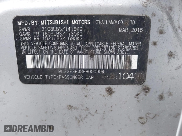 2017 Mitsubishi Mirage ES z VIN ML32F3FJ8HH000904, wystawiony jako IAAI lot #42390487 z przebiegiem 99 137 mil mil oraz . Historia ofert i sprzedaży dostępna na DreamBid. Obrazek 9.