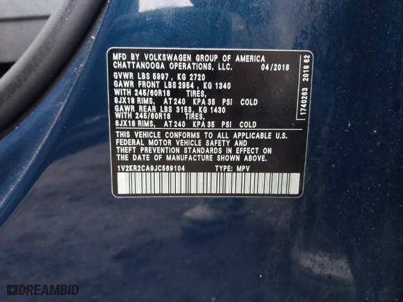 2018 Volkswagen Atlas 3.6L V6 SE with VIN 1V2KR2CA9JC569104, listed as a IAAI auction lot 41677640 with 53,360 mi miles. Bid and sale history available at carsss.com. Image 9.