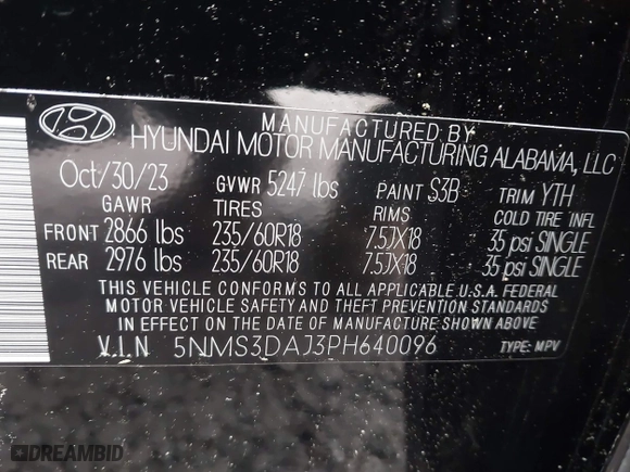 2023 Hyundai Santa Fe SEL with VIN 5NMS3DAJ3PH640096, listed as a IAAI auction lot 41973720 with 24,438 mi miles. Bid and sale history available at carsss.com. Image 9.