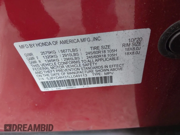 2020 Acura MDX with VIN 5J8YD4H31LL049113, listed as a IAAI auction lot 41315149 with 39,030 mi miles. Bid and sale history available at carsss.com. Image 9.