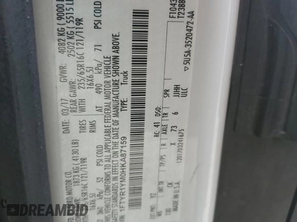 2017 Ford Transit с VIN 1FTYR1YM0HKA87159, выставлен на аукционе Copart как лот 60666785 с пробегом 226 284 миль миль и Списание • Salvage title. История ставок и продаж доступна на DreamBid. Изображение 13.