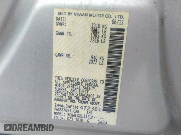 2015 Nissan Altima S with VIN 1N4AL3AP3FC472361, listed as a IAAI auction lot 39890344 with 77,123 mi miles and . Bid and sale history available at DreamBid. Image 9.